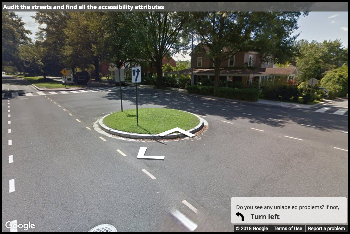 A Street View image of an island that does not interfere with the crosswalk