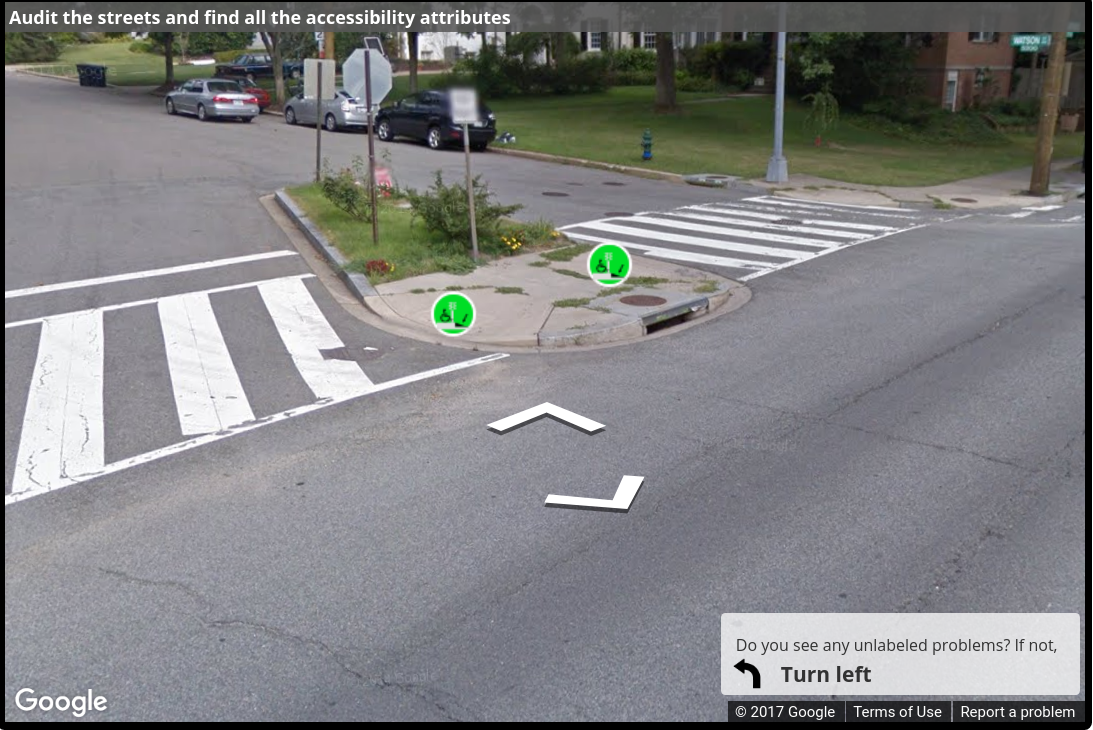 A Street View image of an island that interferes with the crosswalk