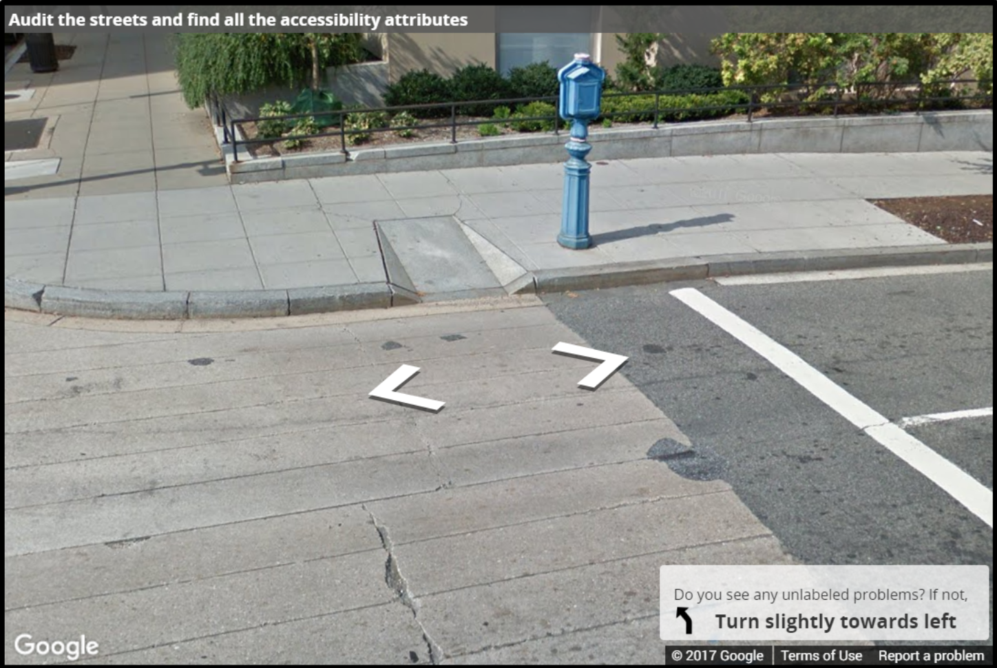 A Street View image of a narrow curb ramp and missing a tactile warning