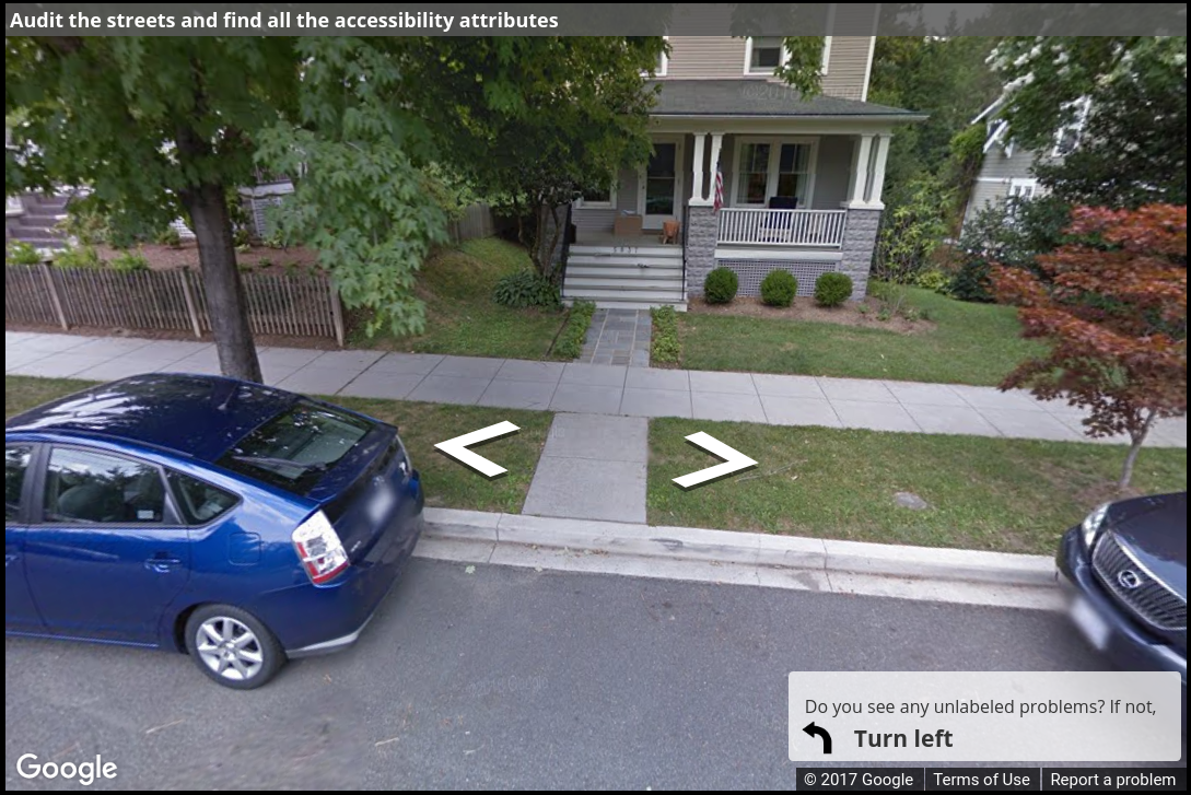 A Street View image of an extension of a walkway to a house with no curb ramp