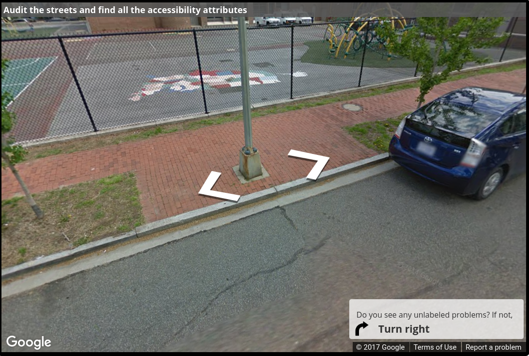 A Street View image of a pole almost entirely out of the path, but it is still located in the ramp